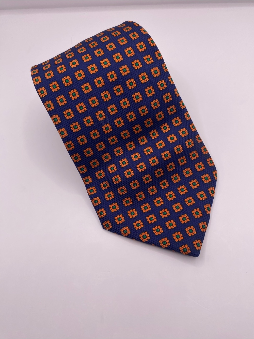 Lands' End Navy Tie with Orange and Green Floral Squares